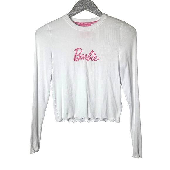 Forever 21 Barbie Embroidered White Long Sleeve Ribbed Top with Lettuce Hem - Picture 1 of 5
